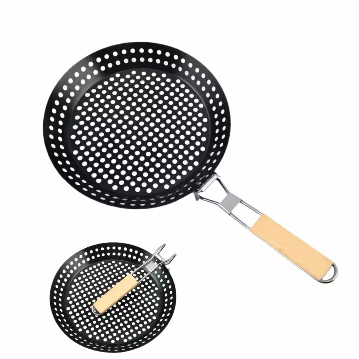 Rejilla plegable para barbacoa de 12 pulgadas con mango de madera y sartén antiadherente - Utensilios de cocina para acampar y parrilla al aire libre. - 1