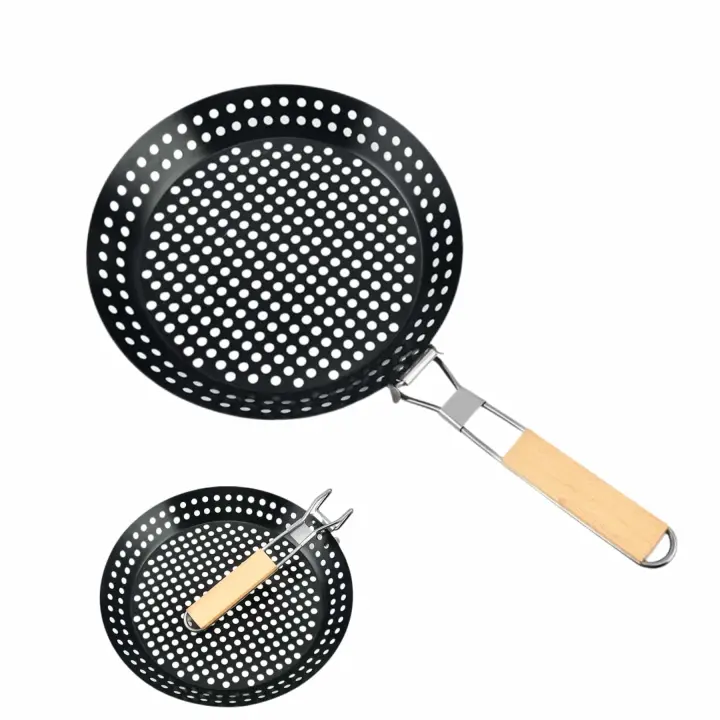 Rejilla plegable para barbacoa de 12 pulgadas con mango de madera y sartén antiadherente - Utensilios de cocina para acampar y parrilla al aire libre. - 1