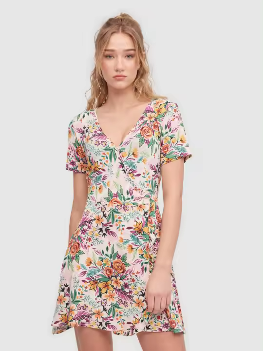 Mini vestido de estampado floral, fabricado en viscosa, con manga corta, falda de vuelo y escote cruzado en pico INSIDE - 1