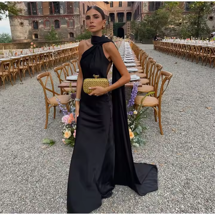Vestido De Fiesta De Satén Para Mujer Elegante Sin Mangas De Cintura Alta Vestido Largo De Noche Casual A-line Halter Sin Costumbre De Alta Calle - 1