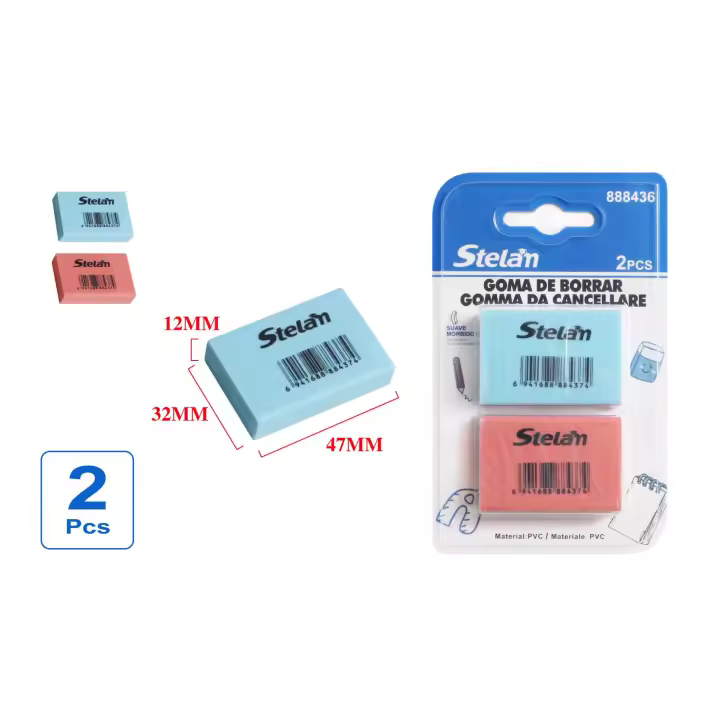 Stelam Gomas de Borrar, Paquete de 2 Unidades, 12mm x 32mm x 47mm, Colores Azul y Beige, Material de PVC Suave, Ideal para Oficina, Escuela y Casa, Borrado Limpio y Eficiente - 1
