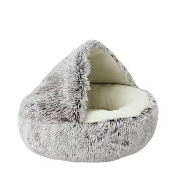 Cama De Gato Redonda De Peluche Suave Con Capucha Cueva Cómoda Para Gatos De Interior O Cachorros Pequeños Cama Doughnut Antiestrés - 1