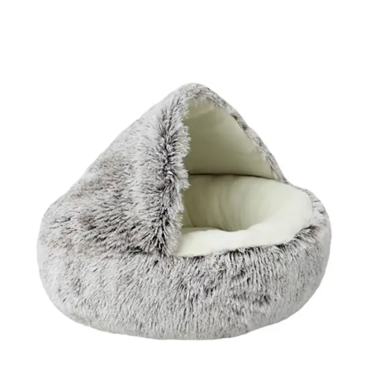 Cama De Gato Redonda De Peluche Suave Con Capucha Cueva Cómoda Para Gatos De Interior O Cachorros Pequeños Cama Doughnut Antiestrés - 1