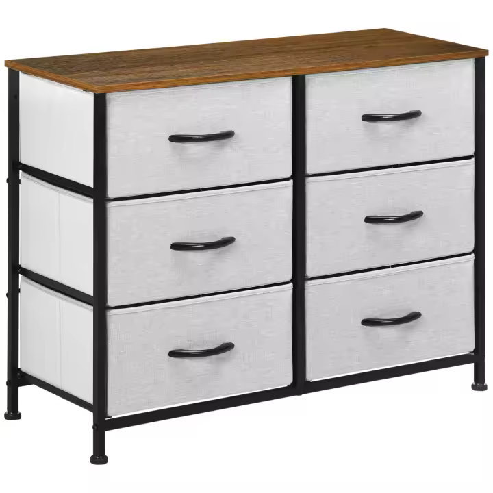 HOMCOM Cómoda Moderna Cajonera con 6 Cajones de Tela Plegable para Dormitorio Marco de Acero y Almohadillas Ajustables para Salón Recibidor 80x30x62,5 cm Gris y Marrón - 1