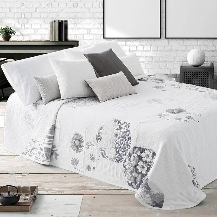 Manterol Outlet - Colcha cubrecama jacquard hexagonos naturaleza. Cubrecama de gama alta de telar. Tejido de alta calidad y duradero. Color gris y celeste disponibles. - 1