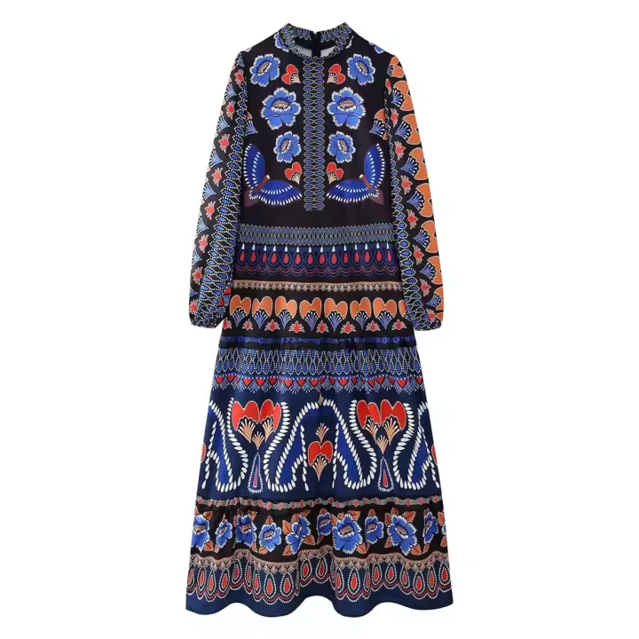 Vestido Largo Elegante Y Versátil Para Mujer PB&ZA Primavera 2024 Cuello Redondo Manga Larga Ajustado Impresión Spliced Moda Casual - 1