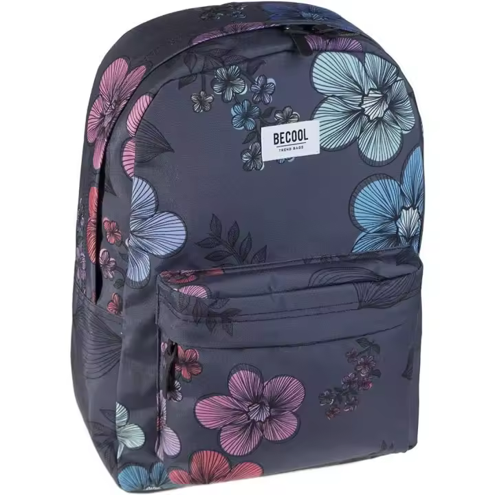 Mochila Becool Cherry Busquets - tela estampada con flores de cerezo en azul, rojo y rosa, combinado con tejido gris oscuro -  33,0 x 42,0 x 21,0 cm - 1