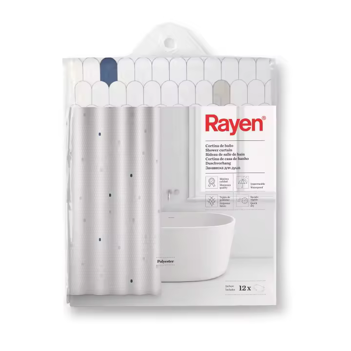 Rayen | Cortinas de Baño | Cortina para Ducha o Bañera | Impermeable | Poliéster | Secado Rápido | Opaco | Argollas PVC | Incluye 12 Ganchos | 180 x 200 cm | Blanco con Celdas Azules - 1