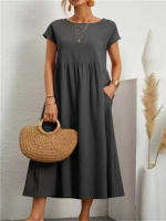 Vestido Midi Sólido Vintage Para Mujer Verano 2023 Algodón Y Lino Harajuku Sobredimensionado Estilo Y2K Maxi Sundress Manga Corta A-Line Cuello Redondo - details 10