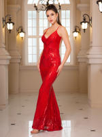 Vestido De Noche Sin Mangas Y Espalda Descubierta Dorado Rojo Slim V Neck Mermaid Prom Traje De Baño De Encaje Para Mujer - details 7