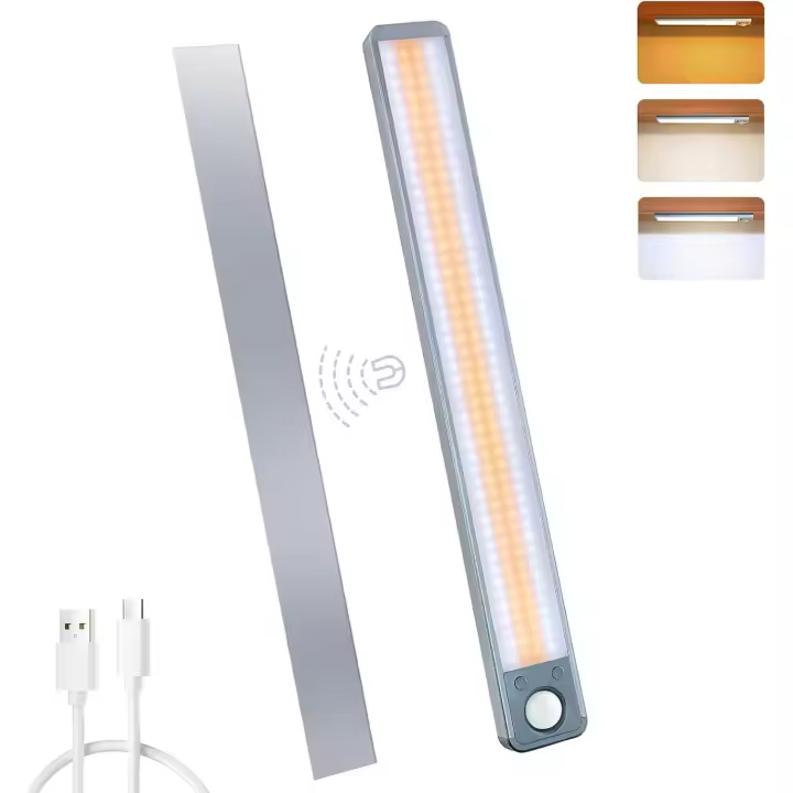 Luz de armario, luz LED recargable con sensor de movimiento para cocina con 3 modos de sensor/3 colores/regulable, luz LED inalámbrica debajo del gabinete con batería de larga duración para armario - 1