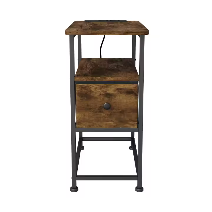 Mesa auxiliar con enchufes color madera rústica 60x30x62 cm, con cajón de tela, estante y puertos USB/USB-C - 1