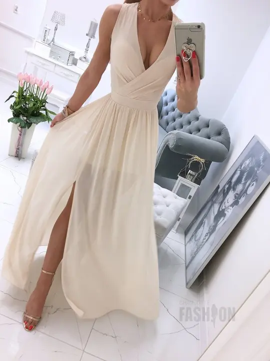 Vestido De Mujer Elegante Verano Casual Sin Mangas V-Neck Color Sólido Túnica Con Abertura En La Pierna Moda Frecuente - 1