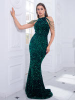 Vestido De Fiesta De Encaje Brillante Con Cuentas Cuello Halter Sin Hombros Vestido Largo Para Mujer Vestido De Noche Sexy Y Club - details 1