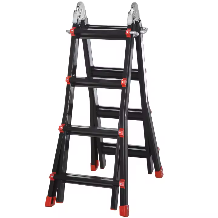 HOMCOM Escalera Telescópica de Aluminio 4 m Escalera Extensible Plegable con 8 Peldaños Ajustables y 2 Formas Escalera Multiusos Carga 150 kg Negro y Rojo - 1