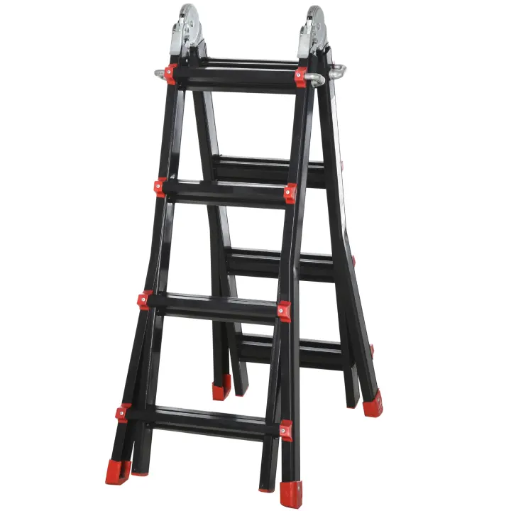 HOMCOM Escalera Telescópica de Aluminio 4 m Escalera Extensible Plegable con 8 Peldaños Ajustables y 2 Formas Escalera Multiusos Carga 150 kg Negro y Rojo - 1