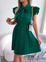 Vestido Elegante De Mujer Con Cintura Alta Y Volantes Para Primavera Y Verano Estilo Casual Collar Con Lazo Cuello Alto Y Mangas Batwing - details 17