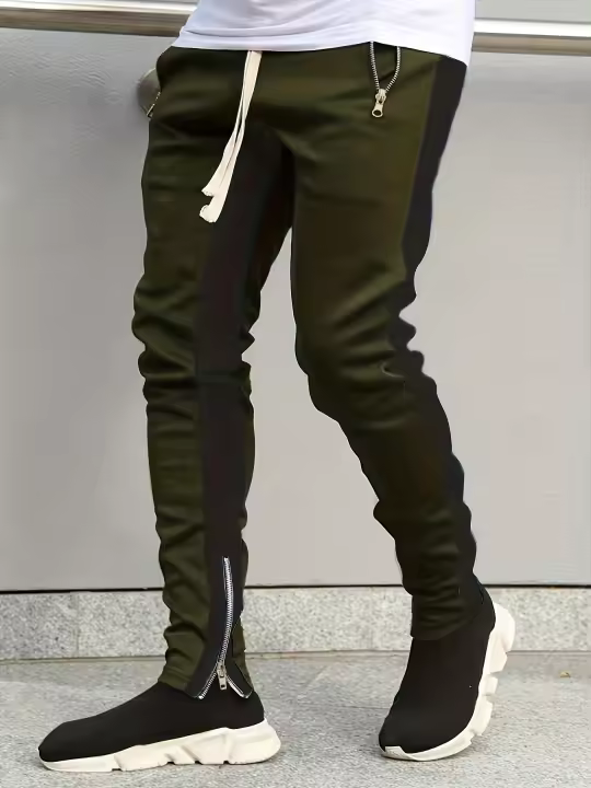 Pantalones Deportivos Para Hombre Con Bolsillos Cremallera Y Bloque De Colores Estilo Casual Pantalones Delgados Con Cordón - 1