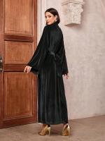Vestido Maxi Skinny Pleuche Para Mujer Elegante De Noche Con Cinturón Manga Larga Estilo Árabe Islámico A-LINE O-Neck Casual - details 3
