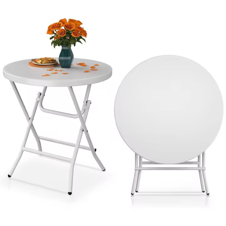 Mesa Plegable 80cm, Mesa Redonda Resistente para Jardín, Mesas de Terraza para Fiesta al Aire Libre, Playa, Barbacoa, Marco de Metal Antioxidante, 80 x 80 x 74cm, Blanco - 1