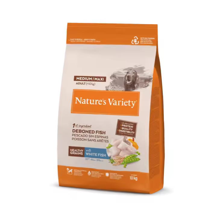 NATURES VARIETY HEALTHY GRAIN PARA PERROS MEDIUM/MAXI CON PESCADO BLANCO 10 Kg. Pienso con pescado blanco sin espinas y arroz integral para una nutrición óptima. Enriquecido con ingredientes vegetales para una dieta equilibrada - 1