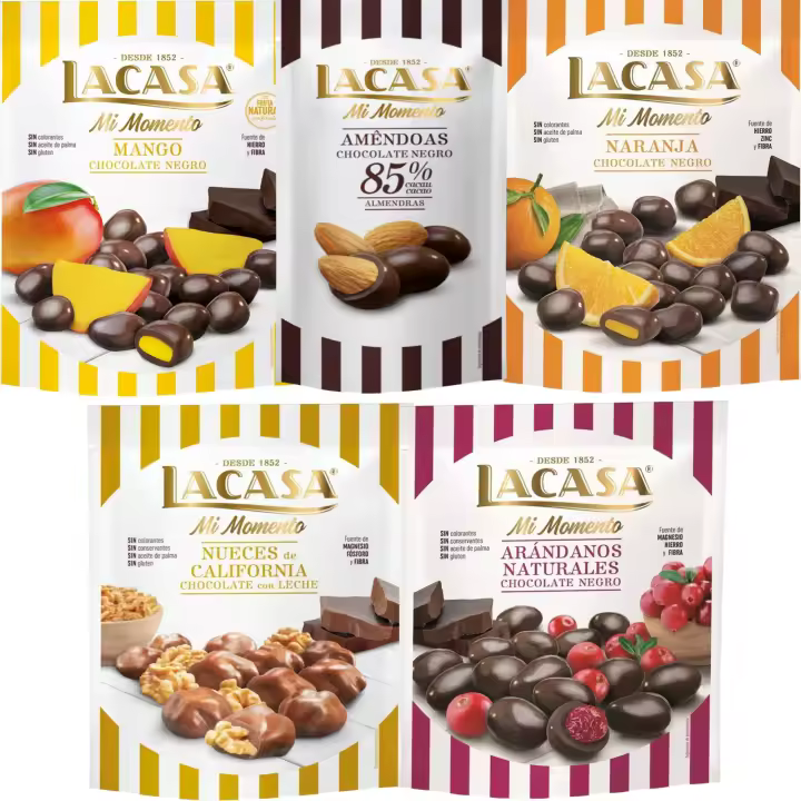 Lacasa Mi Momento pack de 5:Almendra 85% 65G,Arándano choco Negro 125G,Nueces Leche 115G,Naranja choco Negro 125G,Mango choco Negro 115G - 1