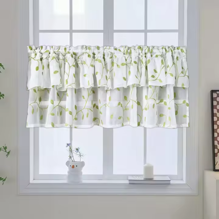 Cortinas Cortas De Hojas Verdes Bordadas Translúcidas Media Ventana Panel Gauze Decoración Para Cocina Y Sala De Estar Cortinas De Tule Para Armario - 1