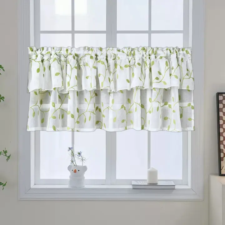 Cortinas Cortas De Hojas Verdes Bordadas Translúcidas Media Ventana Panel Gauze Decoración Para Cocina Y Sala De Estar Cortinas De Tule Para Armario - 1