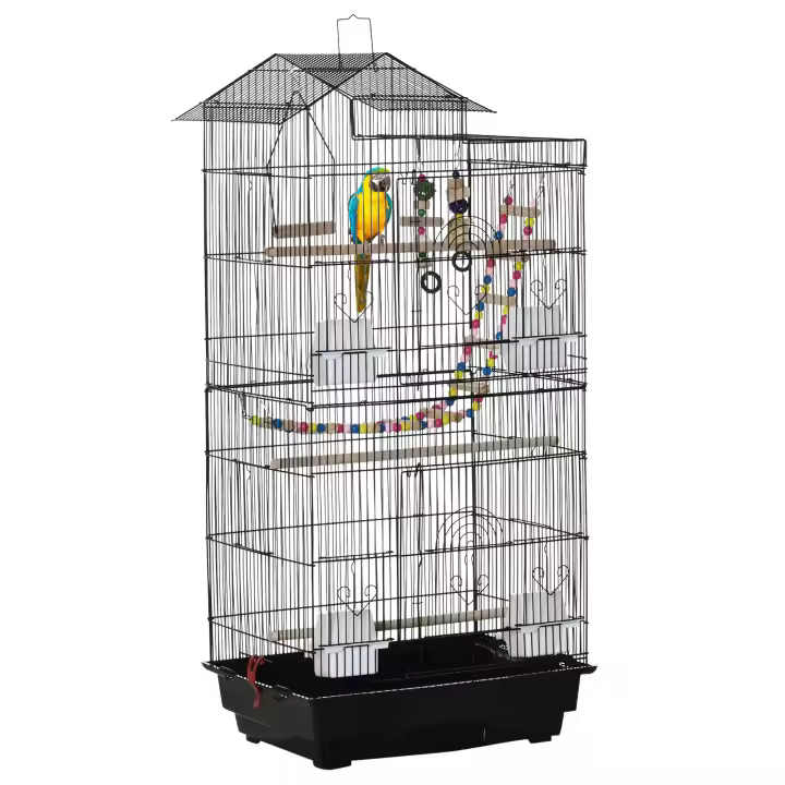 PawHut Jaula para Pájaros Pajarera de Metal con Múltiples Puertas 4 Comederos 3 Perchas Columpio Escaleras y Bandeja Extraíble para Loros Canarios Periquitos 46x36x100 cm Negro - 1