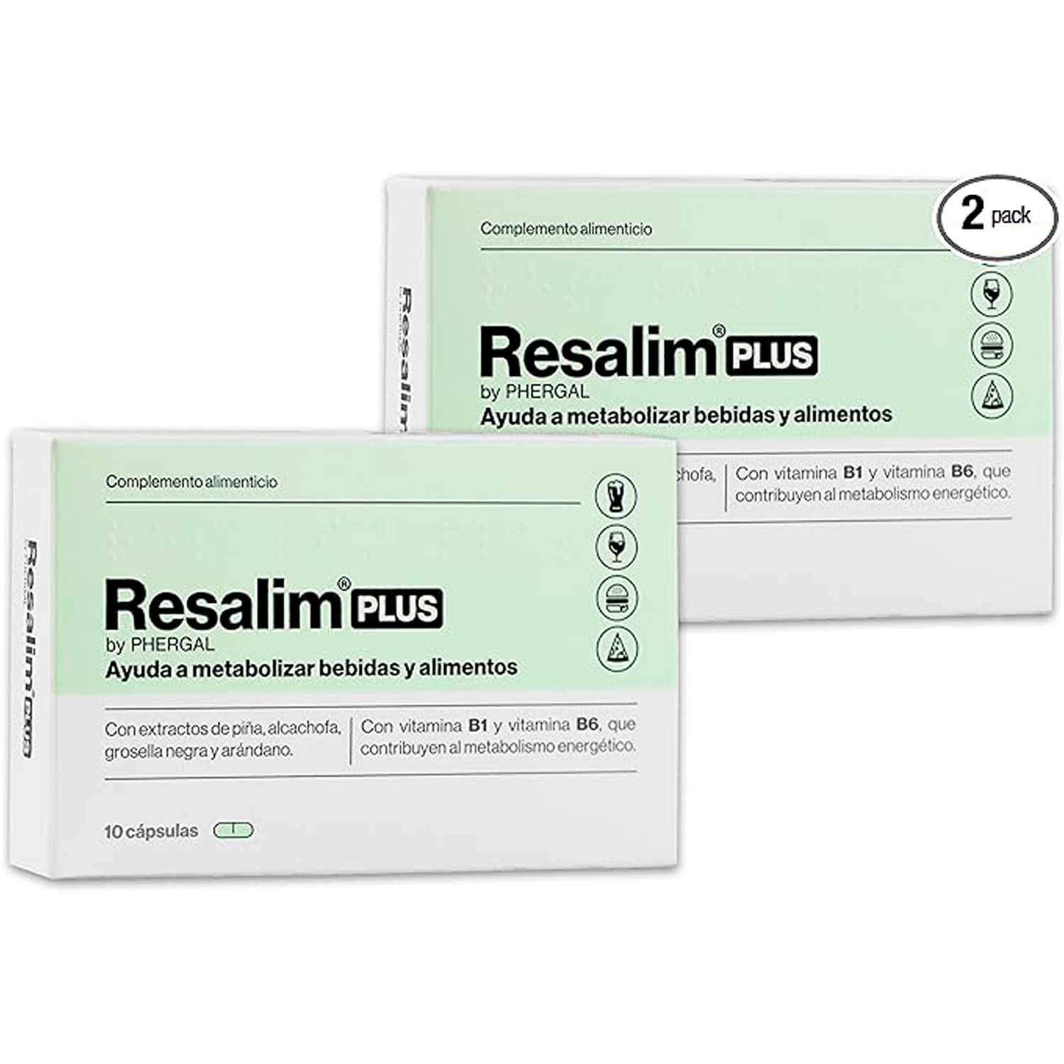 ResalimPlus - Complemento Alimenticio para ayudar a metabolizar Bebidas y Alimentos -  Ayuda a disminuir el cansancio y la fatiga - 10 Comprimidos - Pack de 2