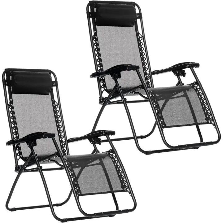 2 Tumbonas Plegables de Exterior para Jardín, Playa, Piscina y Terraza - Sillas Gravedad Zero, Inclinables, de Acero INOX Ligero, Tejido Oxford con Reposacabezas (Negro, Pack 2) - 1