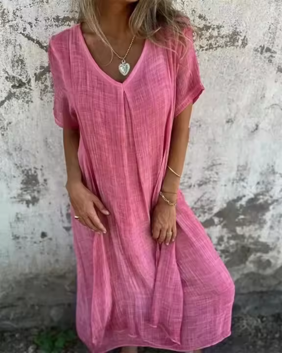 Falda Casual De Verano Manga Larga Cuello V Color Sólido Algodón Y Lino Ajuste Suave Vestido Midi Para Mujer - 1