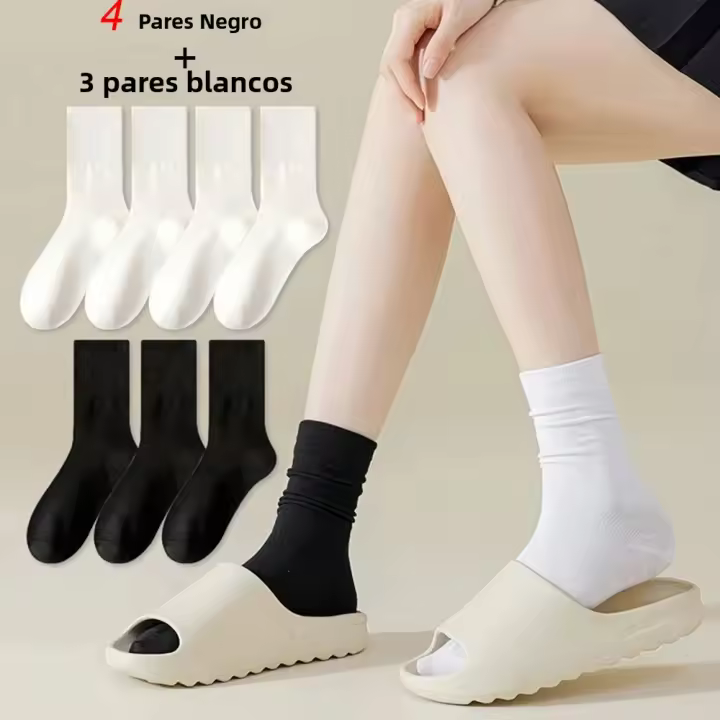 7 Pares De Calcetines De Cuello Redondo Para Mujer En Colores Sólidos Negro Y Blanco Absorbentes De Sudor Transpirables Calcetines Casuales Suaves Y Versátiles - 1