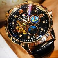 Reloj Mecánico Automático Para Hombre 1 Pieza De Moda Skeleton Con Dial Estrellado Luminoso Fase Del Día Correa Negra Artificial Casual Negocios Reloj De Lujo Top Marca Sin Batería - details 0