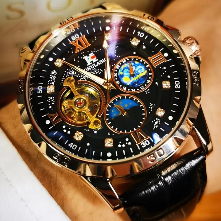 Reloj Mecánico Automático Para Hombre 1 Pieza De Moda Skeleton Con Dial Estrellado Luminoso Fase Del Día Correa Negra Artificial Casual Negocios Reloj De Lujo Top Marca Sin Batería - 1