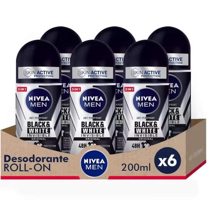 NIVEA MEN Pack ahorro - Black & White Invisible Original Roll on Desodorante para hombre 50ml x 6 unidades - 1