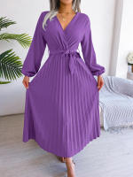 Vestido Largo Elegante Para Mujer Con Cuello En V Manga Larga Pleated Maxi Con Cinturón Estilo Casual De Pierna Larga - details 42