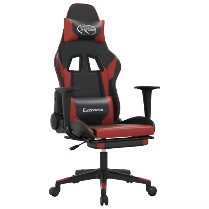 Silla gaming masaje reposapiés cuero sintético negro rojo tinto - 1