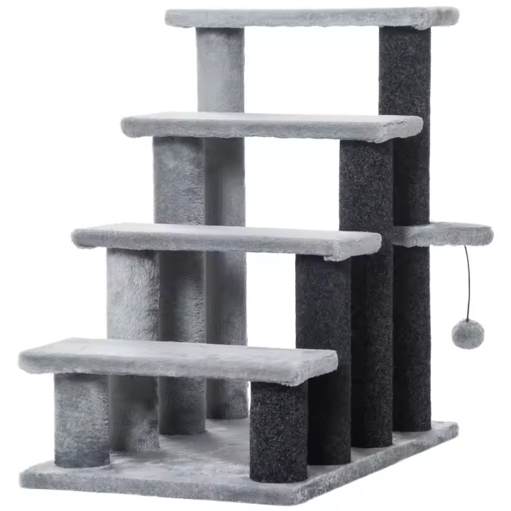 PawHut Escaleras para Gatos de 4 Escalones Escaleras para Mascotas Árbol Rascador para Gatos Pequeño con Poste Rascador Bola Colgante 60x40x64 cm Gris - 1