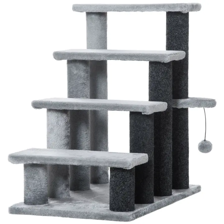 PawHut Escaleras para Gatos de 4 Escalones Escaleras para Mascotas Árbol Rascador para Gatos Pequeño con Poste Rascador Bola Colgante 60x40x64 cm Gris - 1