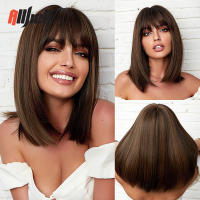 Pelucas Sintéticas De Ombre Negro Marrón Con Flequillo Textura Ondulada Resistente Al Calor Para Fiestas Y Cosplay Peluca Médium Para Mujeres Afro - details 12