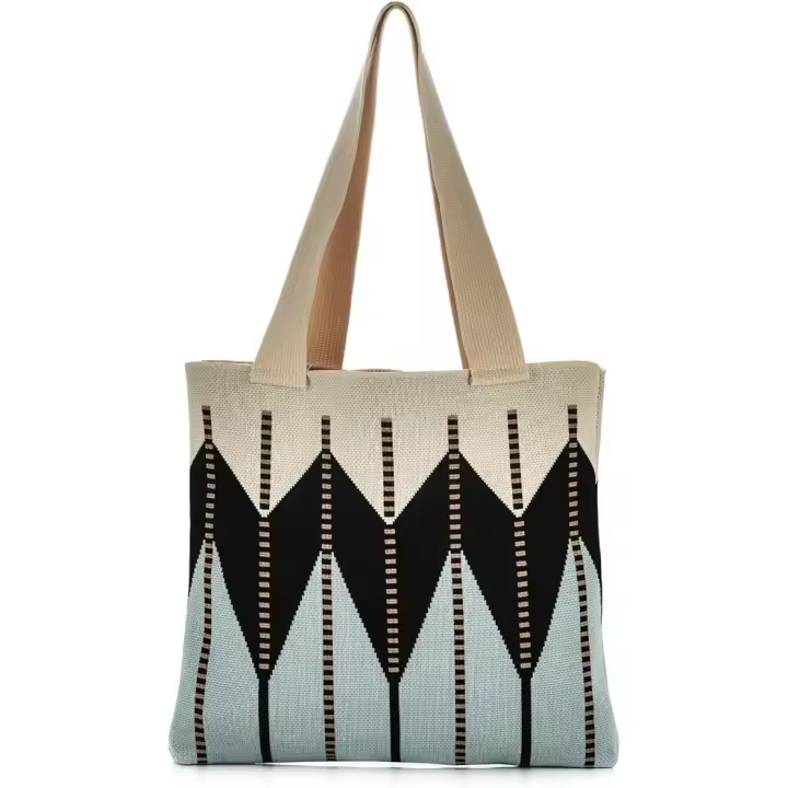 Bolso de hombre de punto colorido para Mujer, con diseño Geométrico de Bloques de color Y ASA superior, ideal para Viajes, Playa, Trabajo, uso diario, color beige. - 1