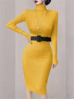 Vestido De Térmica Otoño Invierno Para Mujer Seoulish Con Cuello Alto Y Manga Larga Cinturado Estilo Elegante Oficina Longitud Rodilla Ajustado Bodycon - details 6