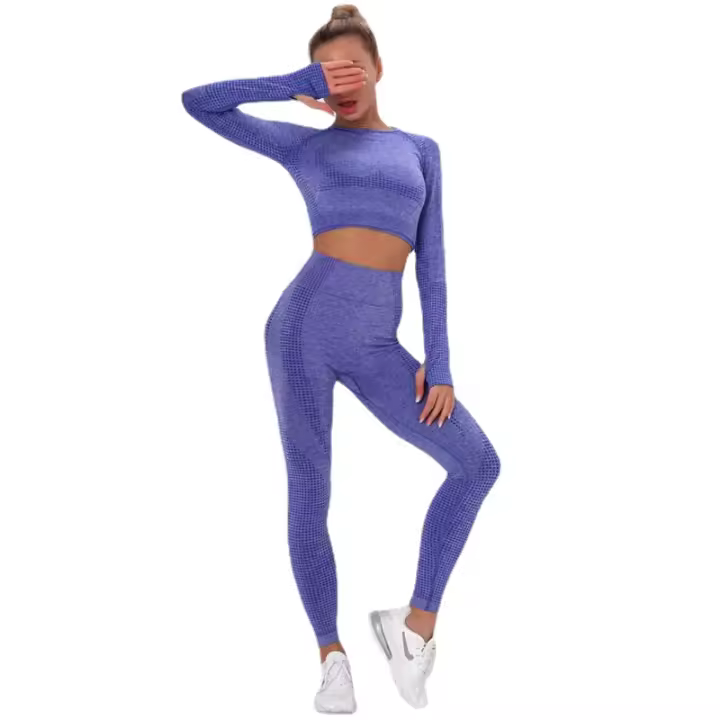 Yoga Set Gym Sets Ombre Seamless Leggings+Cropped Shirts Workout Sport Suit Long Sleeve Fitness Top - 1