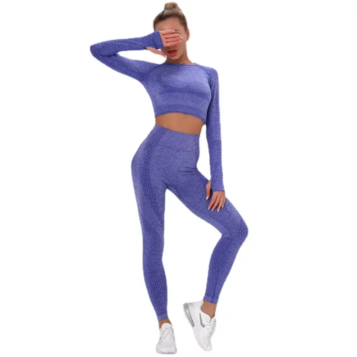Yoga Set Gym Sets Ombre Seamless Leggings+Cropped Shirts Workout Sport Suit Long Sleeve Fitness Top - 1