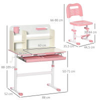 HOMCOM Juego de Escritorio y Silla para Niños de +3 Años con Altura Ajustable Pupitre Infantil con Tablero de Mesa Inclinable Cajón y Estantería para libros 80x52x88-109 cm y 35,5x44,5x66-80 cm - details 5