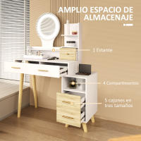 HOMCOM Tocador de Maquillaje con Espejo y Luces LED Mesa de Maquillaje con Iluminación Ajustable 5 Cajones y 4 Compartimentos Tocador para Dormitorio Salón Blanco - details 4