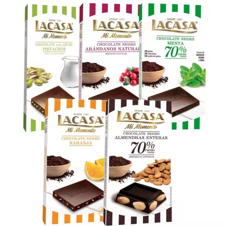 Pack Lacasa 5 deliciosas tabletas de chocolate: naranja , arandanos ,leche pistacho 90g, menta , almendra - 1