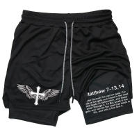 Shorts De Rendimiento Para Hombre Impresión De La Biblia deportivosMesh 2 En 1 Compresión Para Gimnasio Y Correr Pantalones De Deporte Casual - details 2