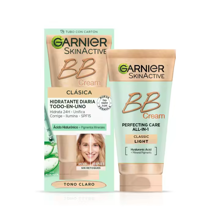 Garnier SkinActive BB Cream Clásica Tono Claro. Hidratante Todo en Uno con Color con SPF15  Ácido Hialuronico,Extracto de Aloe Vera y Pigmentos Minerales,Hidrata, Unifica, Corrige e Ilumina piel- 50ML - 1